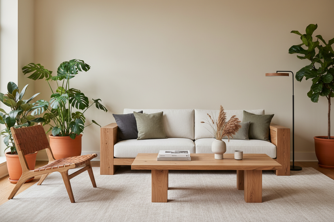 Modern minimalist living room with raw unpolished reclaimed Canadian pinewood furniture and essential handcrafted pieces
