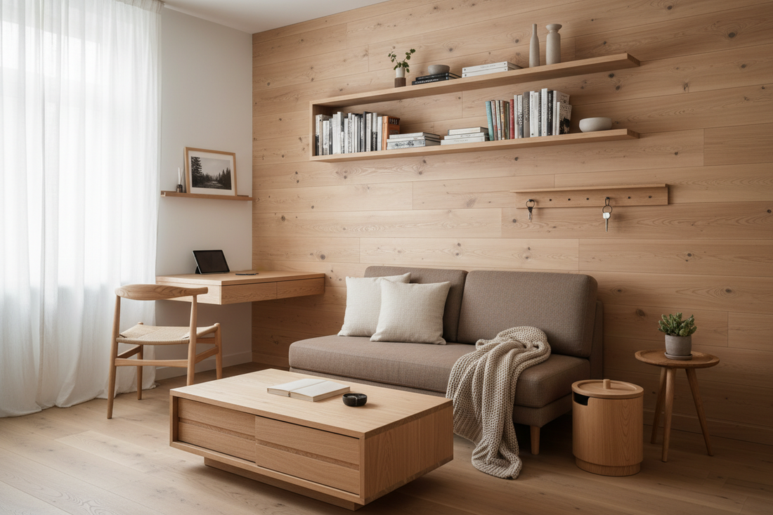 Minimalist Nordic urban apartment with compact raw unpolished Canadian pinewood wall shelves and floating bookshelf for small space living