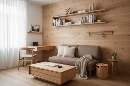 Minimalist Nordic urban apartment with compact raw unpolished Canadian pinewood wall shelves and floating bookshelf for small space living