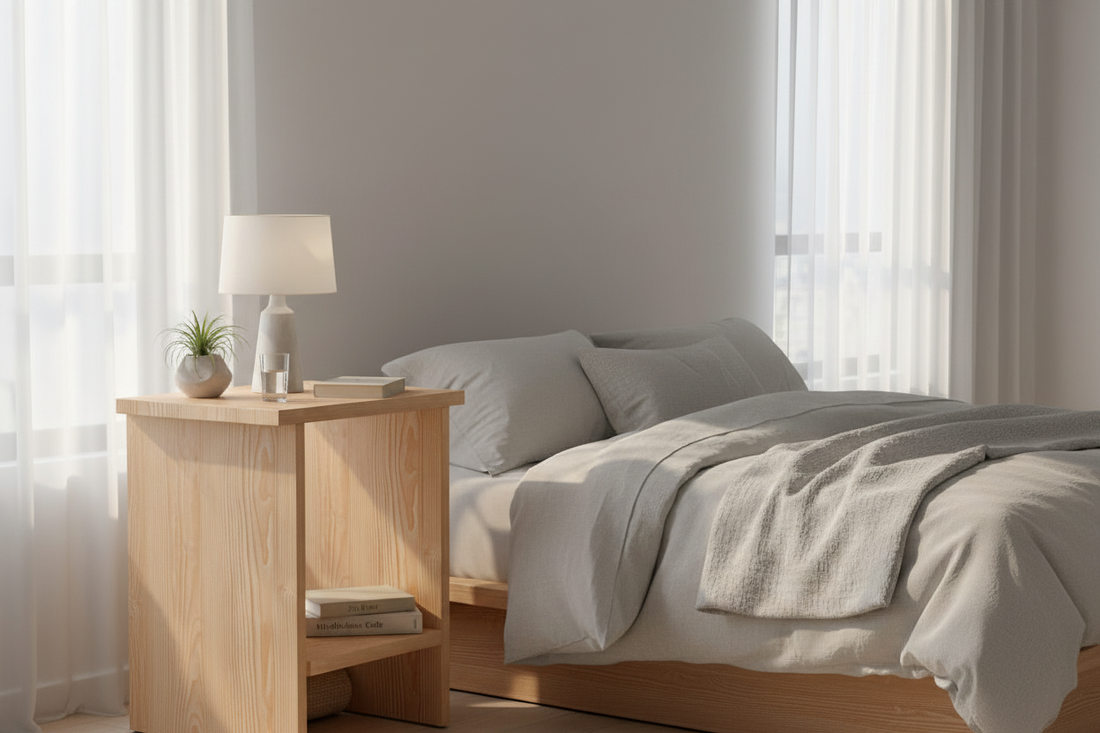 A slim light matte pinewood nightstand beside a neatly made bed with neutral linen bedding, a small lamp, glass of water and book in soft warm morning light