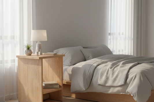 A slim light matte pinewood nightstand beside a neatly made bed with neutral linen bedding, a small lamp, glass of water and book in soft warm morning light