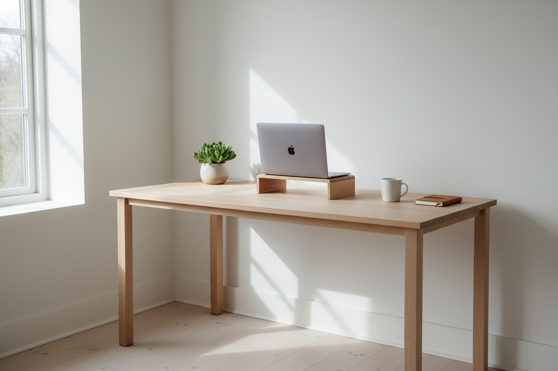 Minimalist Nordic home office with a light pinewood desk, laptop riser and soft natural light