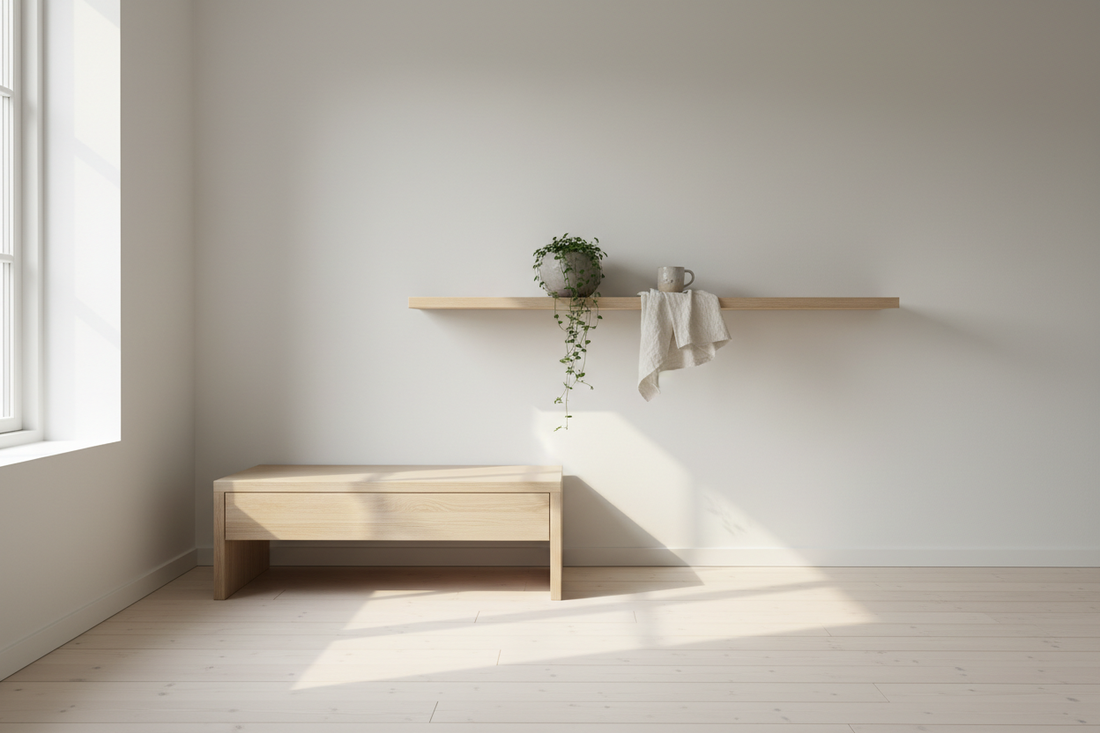 A minimalist Nordic living space with light pinewood floating shelf and nightstand, soft natural light and a few carefully chosen objects on a clean white background.