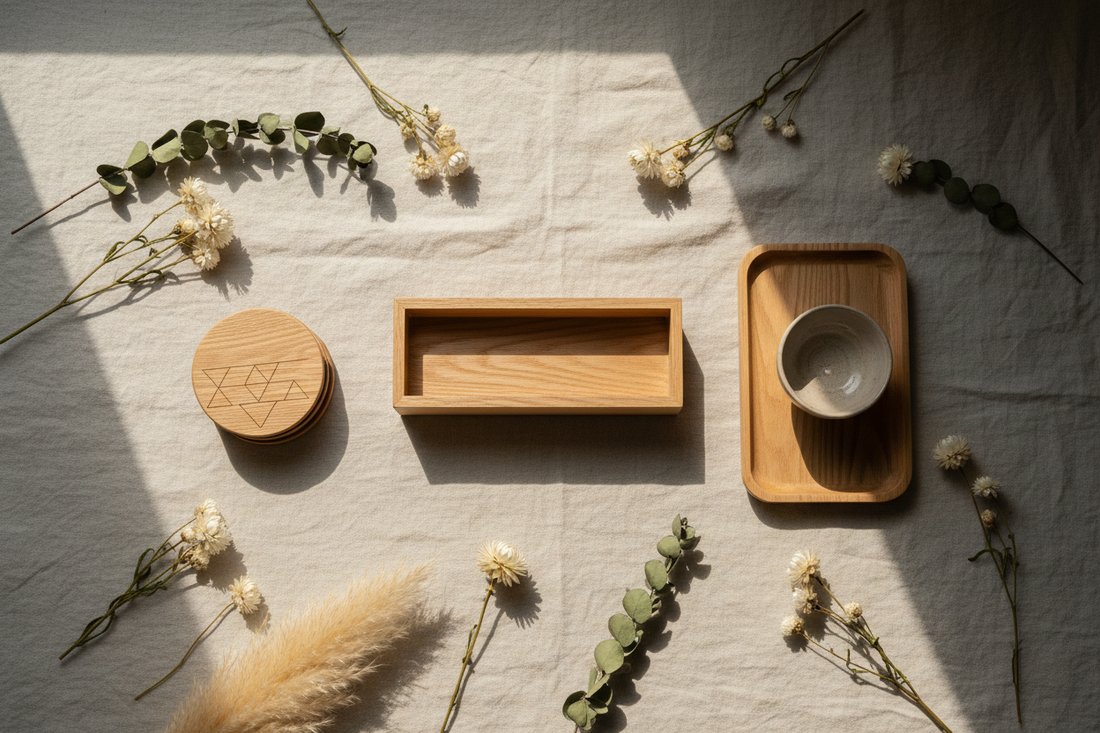 Minimalist Nordic pinewood home accessories — floating shelf, wooden coasters and tray — styled on a linen surface with dried botanicals, soft natural light.