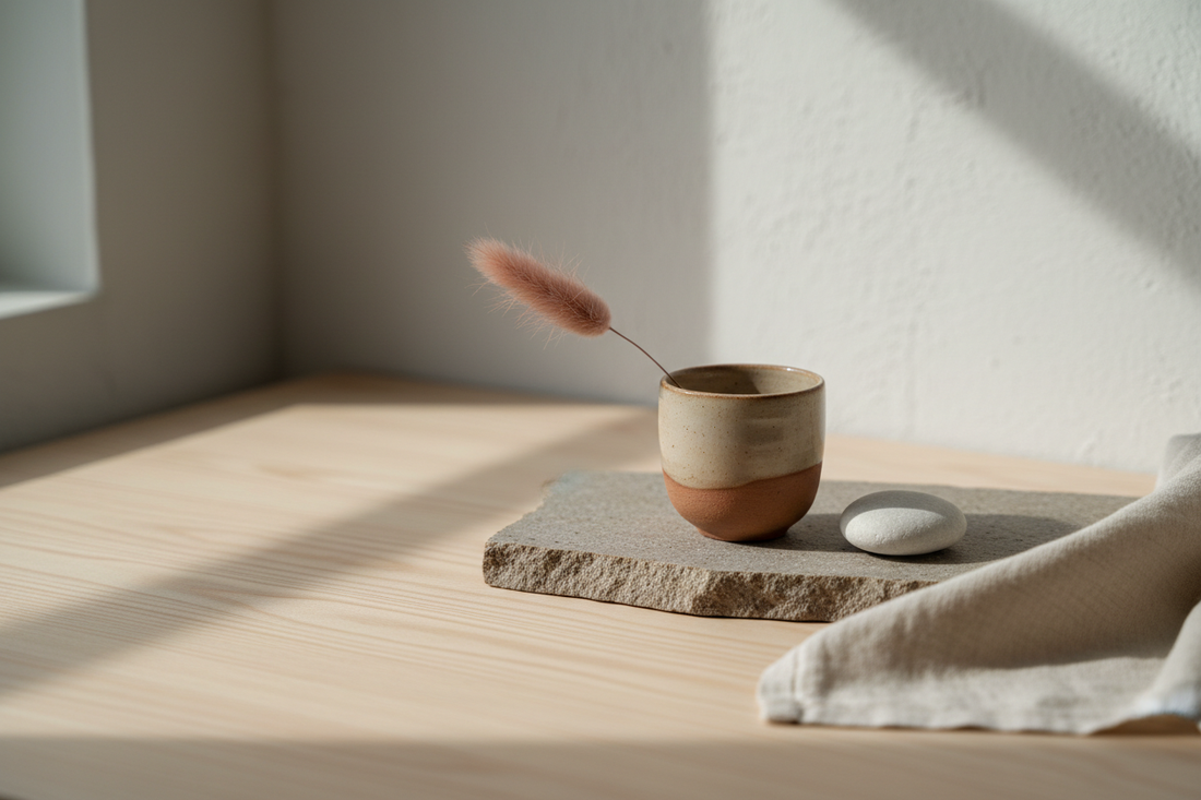 Japandi still life on matte pinewood surface with stone slab, handthrown clay ceramic, blush pampas grass, white pebble and folded linen in soft diffused natural light