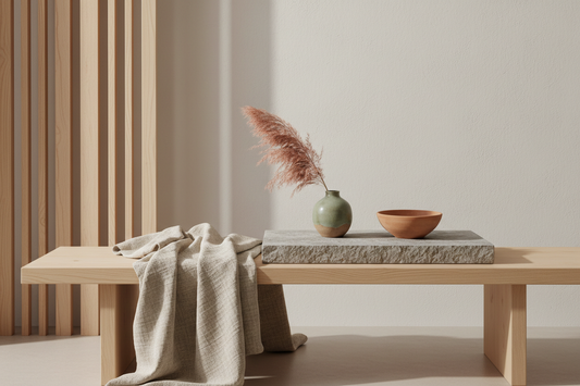 Japandi interior vignette with light pinewood, stone elements and linen textiles, accented by a sage green ceramic vase, terracotta bowl and blush pampas grass