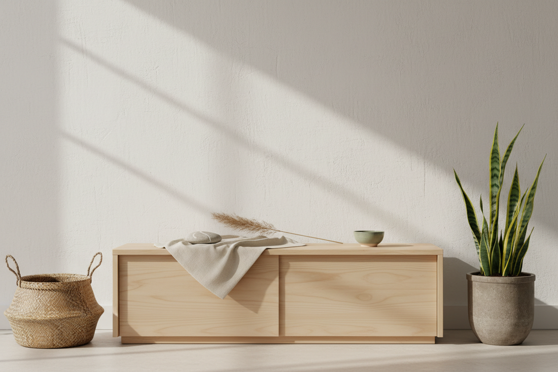 Japandi console vignette with matte pinewood sideboard, river stone, sage ceramic bowl, dried botanicals, linen runner and snake plant in a whitewashed minimal interior
