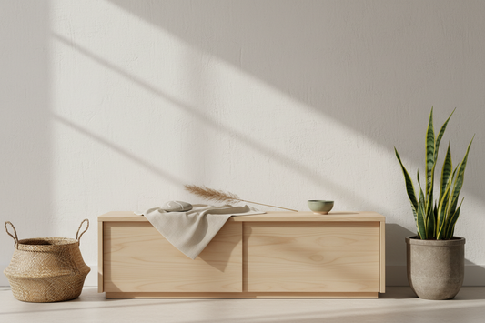 Japandi console vignette with matte pinewood sideboard, river stone, sage ceramic bowl, dried botanicals, linen runner and snake plant in a whitewashed minimal interior
