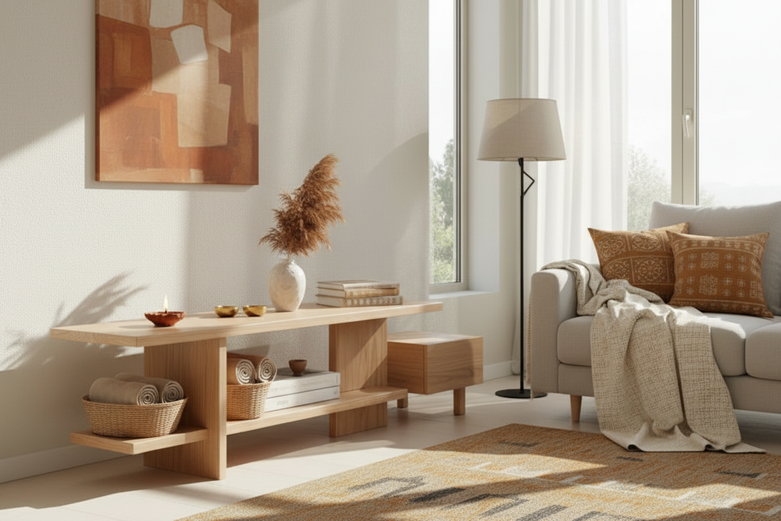 Nordic-inspired modern Indian living room with natural pinewood furniture, linen textiles and warm natural light