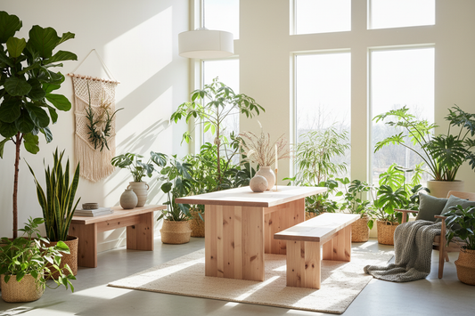 Raw unpolished Canadian pinewood furniture surrounded by lush greenery with bright natural sunlight in Nordic minimalist home