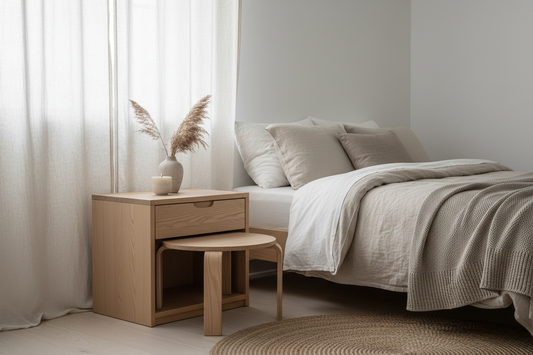A Nordic-inspired bedroom interior featuring minimalist light pinewood furniture with natural grain texture, soft natural light and neutral tones.