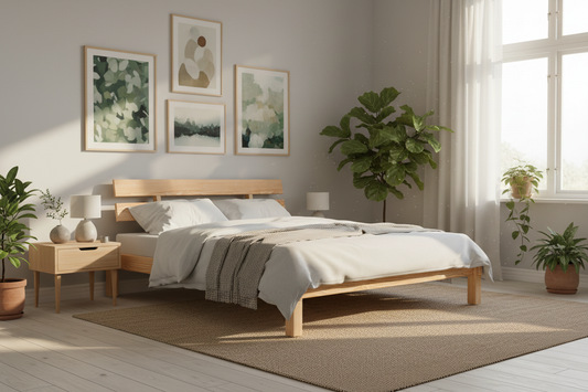 Nordic bedroom sanctuary with Scandinavian pinewood bed, minimalist nightstand, wall art and lush greenery in natural sunlight