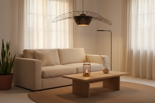 Nordic living room at golden hour with matte black pendant light, light pinewood coffee table, arched floor lamp, linen sofa and sheer curtains in a whitewashed minimal interior