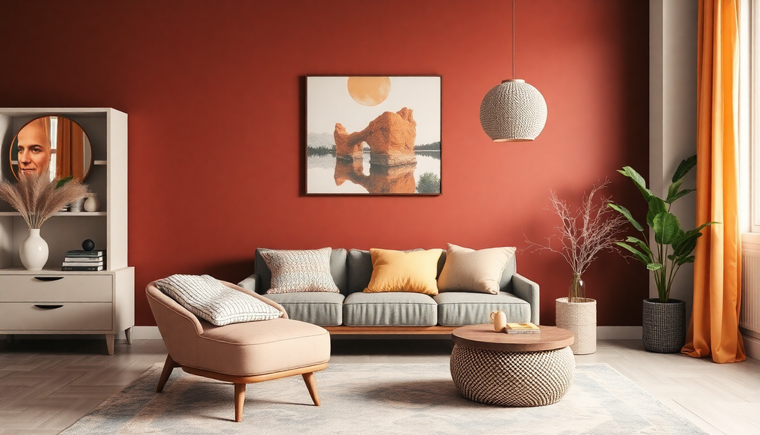 Living room with terracotta wall and Scandinavian-Inspired Colour Palettes featuring grey sofa and beige armchair