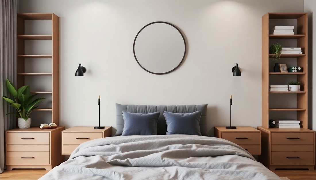 Minimalist Bedroom Makeovers featuring modern wooden night stands, shelving, and calming neutral tones