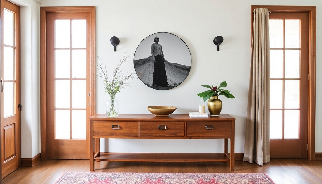 Styling tips for halls and entryways featuring a wooden console table with decorative vases and round wall art in an Indian entryway