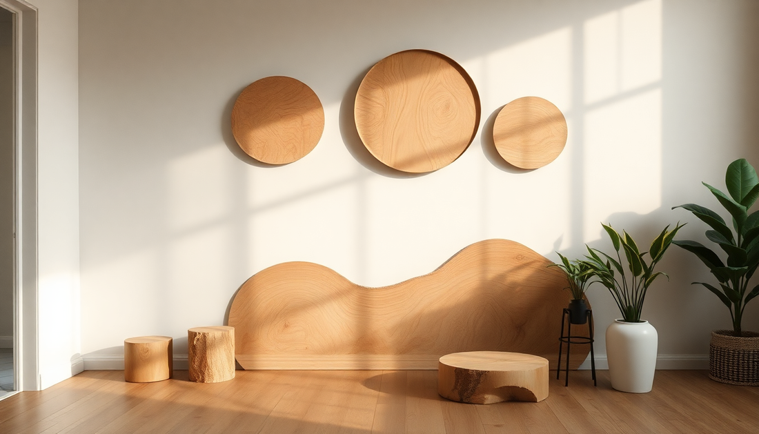 Creative uses for reclaimed wood including round wall art, stools, and low tables in a sunlit minimalist room