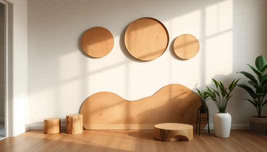 Creative uses for reclaimed wood including round wall art, stools, and low tables in a sunlit minimalist room