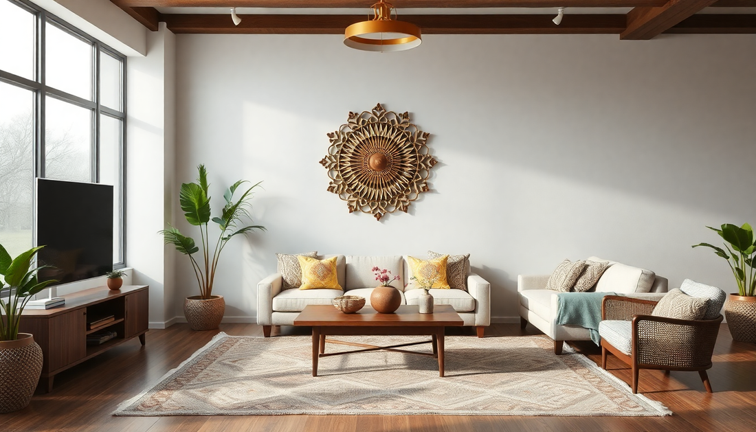 Living room showcasing how to style a minimalist home with Indian craftsmanship and natural materials