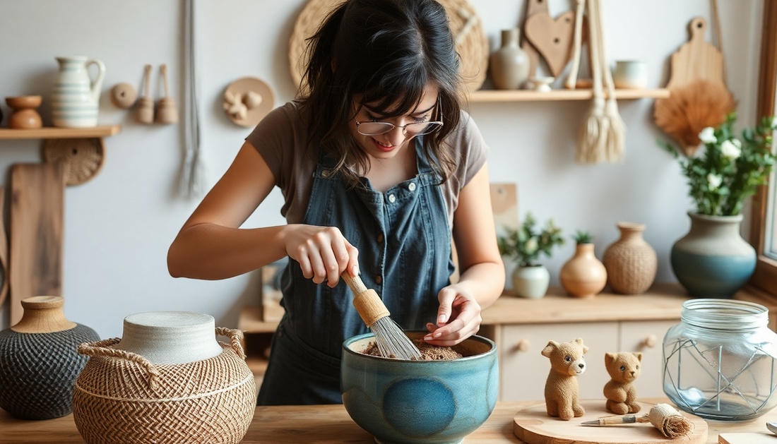 Why Handmade Matters woman crafting pottery in a studio surrounded by handmade decor and ceramic pieces