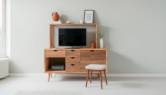 Minimalist wooden furniture set with reclaimed wood showcasing why recycled materials matter in sustainable interior design