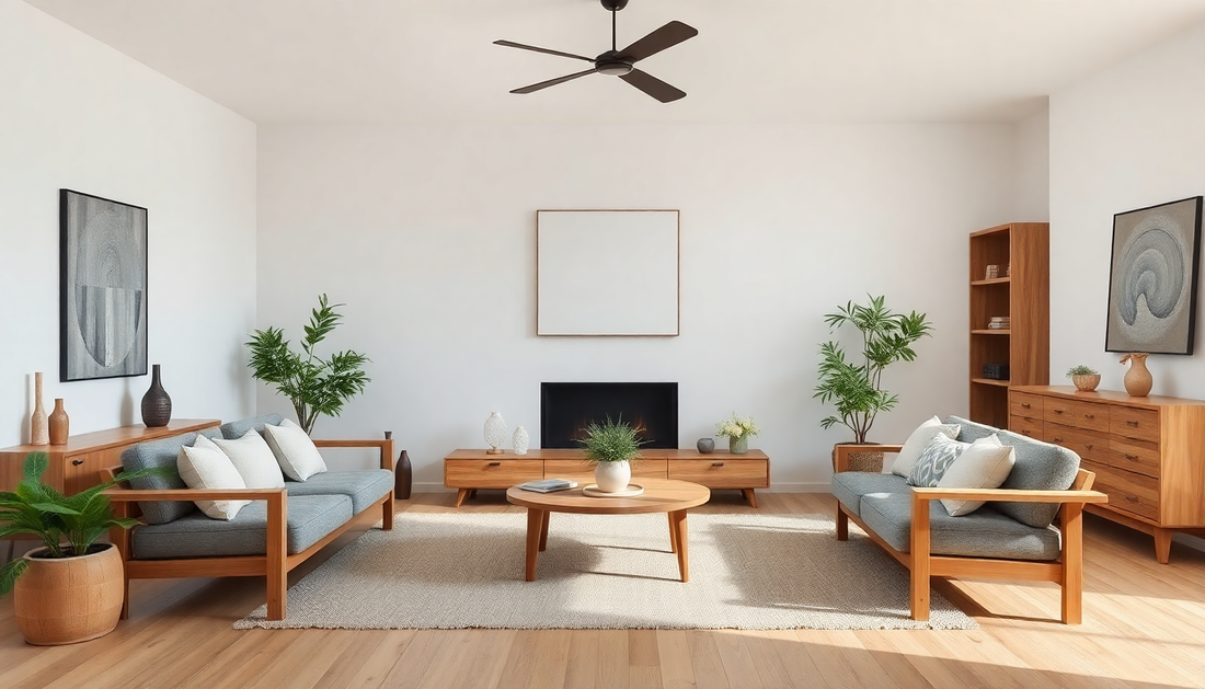 A minimalist living room with artisan pinewood furniture