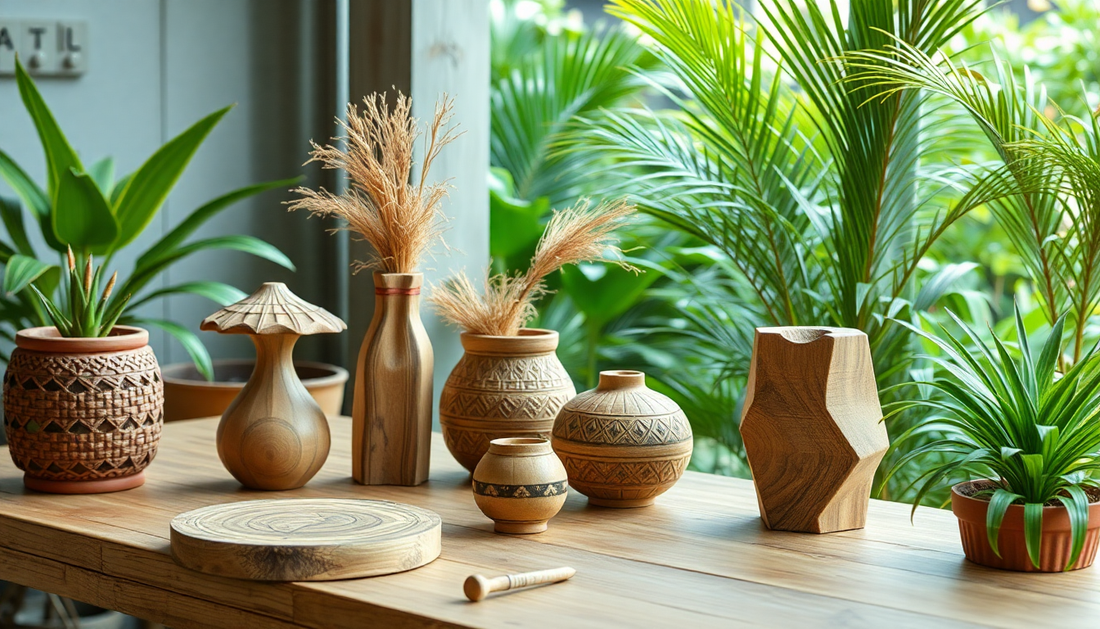 Sustainable gift ideas featuring handcrafted wooden and ceramic décor items on a wooden table with green plants