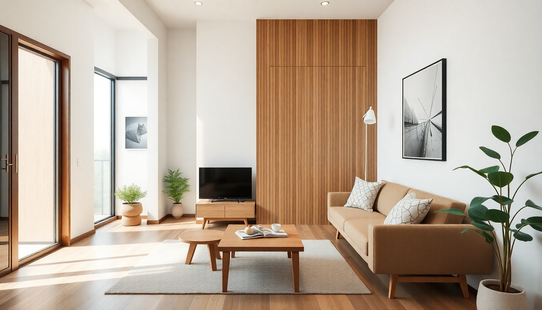 Bright living room featuring minimalist furniture for small apartments with wooden accents and modern decor