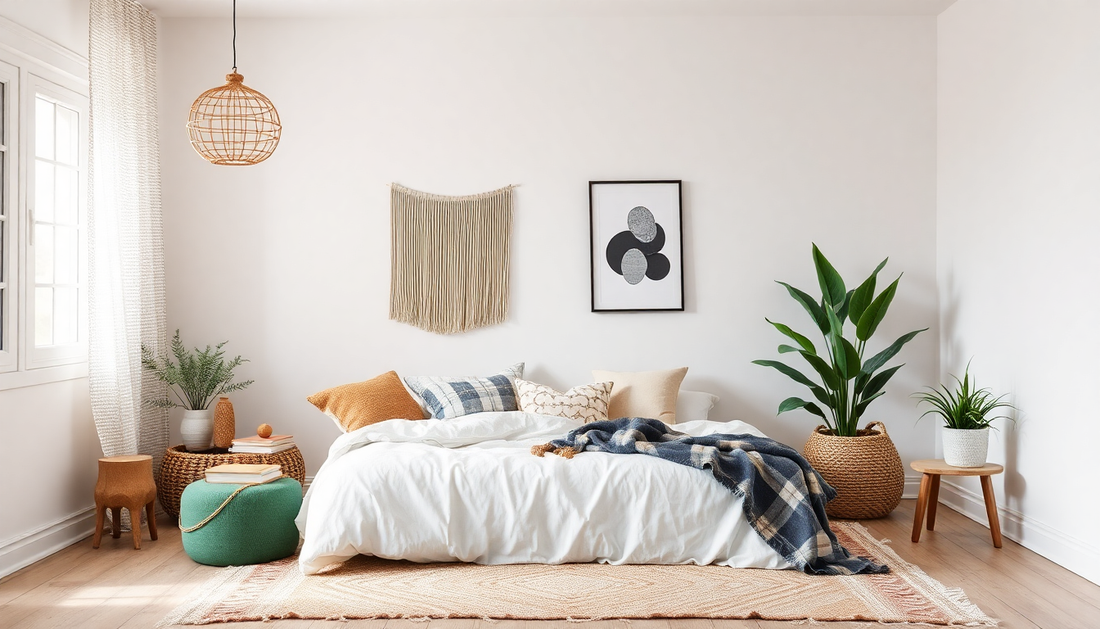 Minimalist home decor bedroom with white bedding, neutral accents, plants, and natural light