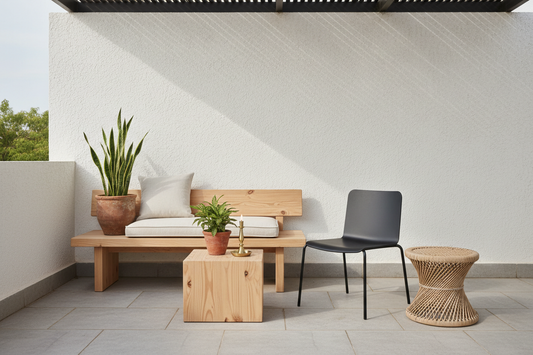 Nordic-inspired outdoor balcony with light pinewood bench, matte black metal chair, natural rattan stool, linen cushion and terracotta planter in soft natural light