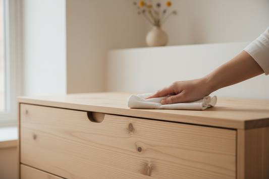 Light pinewood furniture being gently wiped with a soft cloth showing natural wood grain in a calm minimal Nordic interior