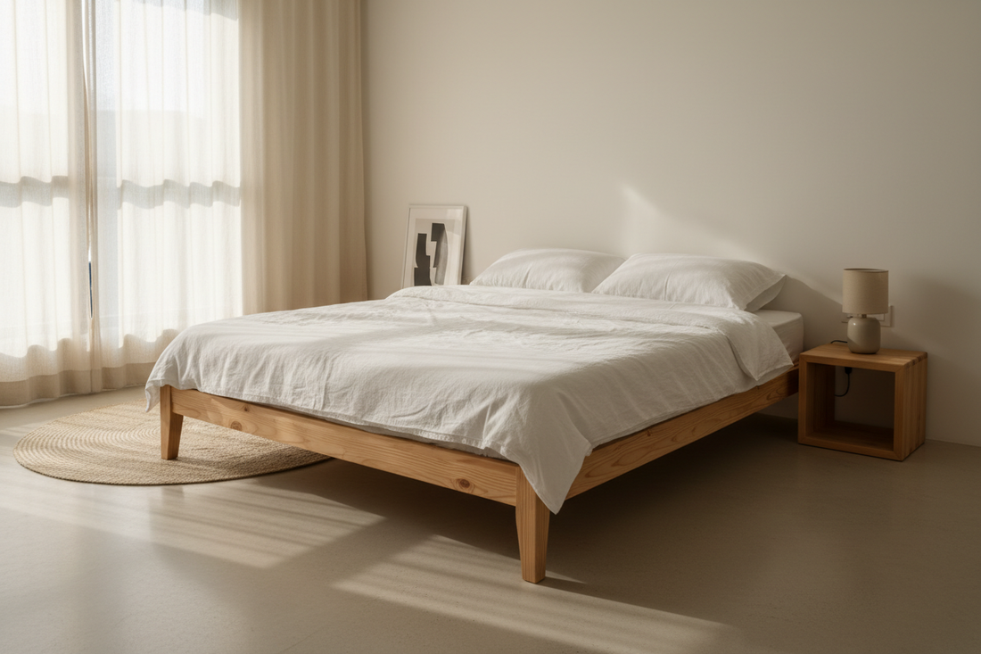platform bed pine wood Delhi Gurugram minimalist bedroom