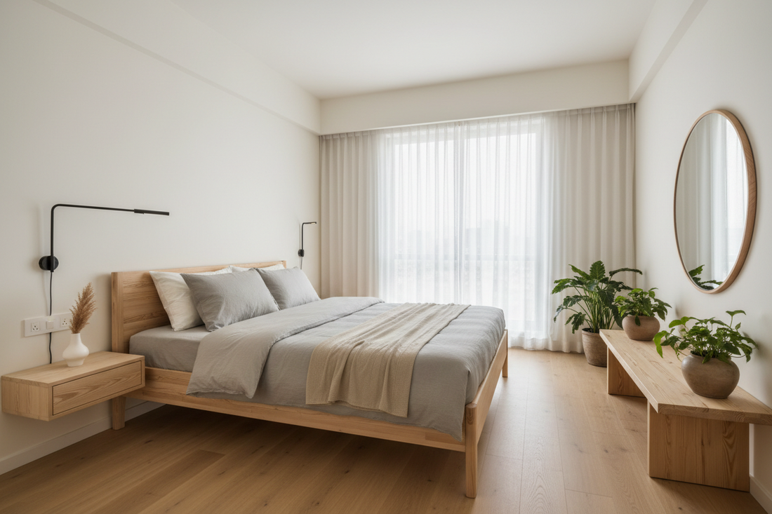 queen size wooden bed Delhi Gurugram compact master bedroom layout