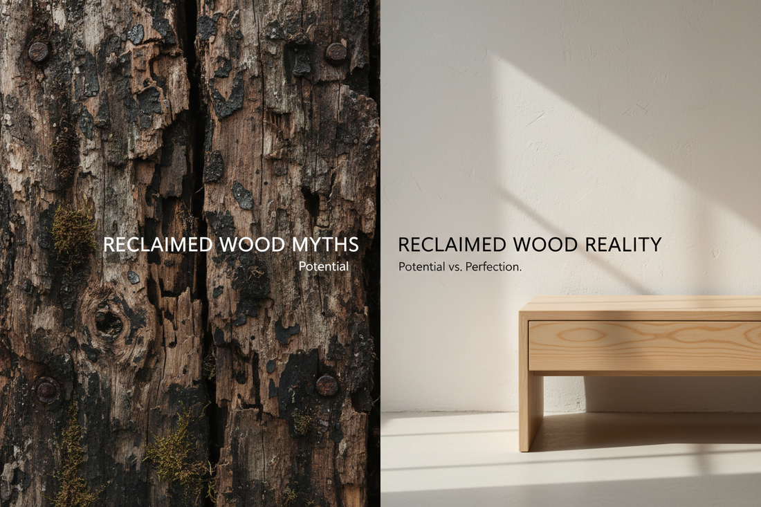 A contrast between rough distressed old wood and a refined light matte pinewood furniture piece with clean lines and natural grain in warm natural light