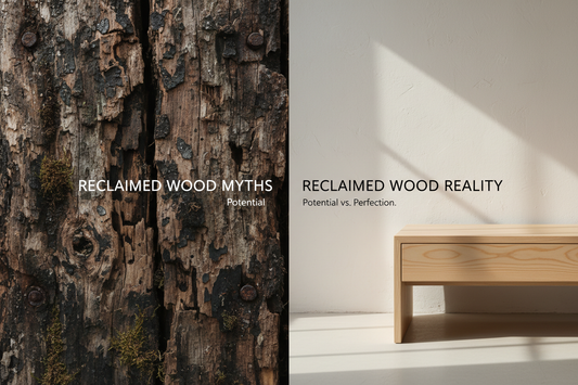 A contrast between rough distressed old wood and a refined light matte pinewood furniture piece with clean lines and natural grain in warm natural light