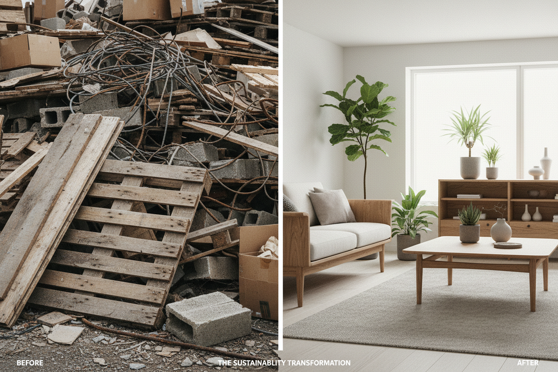 Split image showing transformation from reclaimed wood and industrial waste to beautiful minimalist Nordic room with sustainable furniture