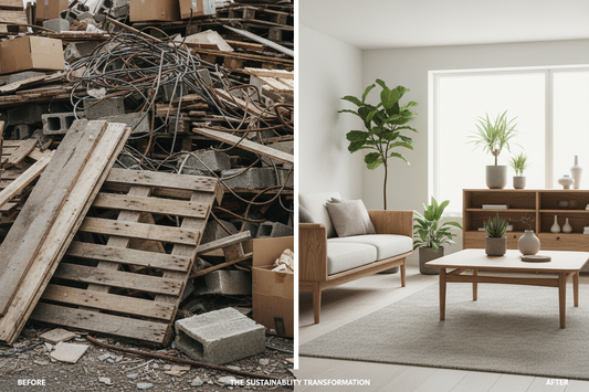 Split image showing transformation from reclaimed wood and industrial waste to beautiful minimalist Nordic room with sustainable furniture