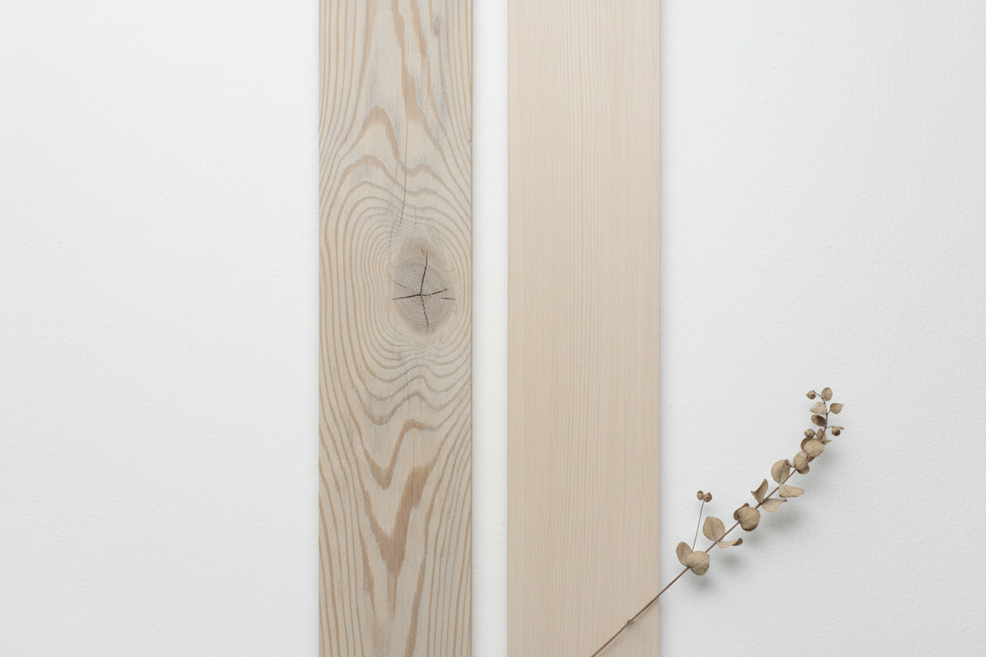 Side by side comparison of reclaimed pinewood and new wood furniture in a minimalist Nordic Indian home interior