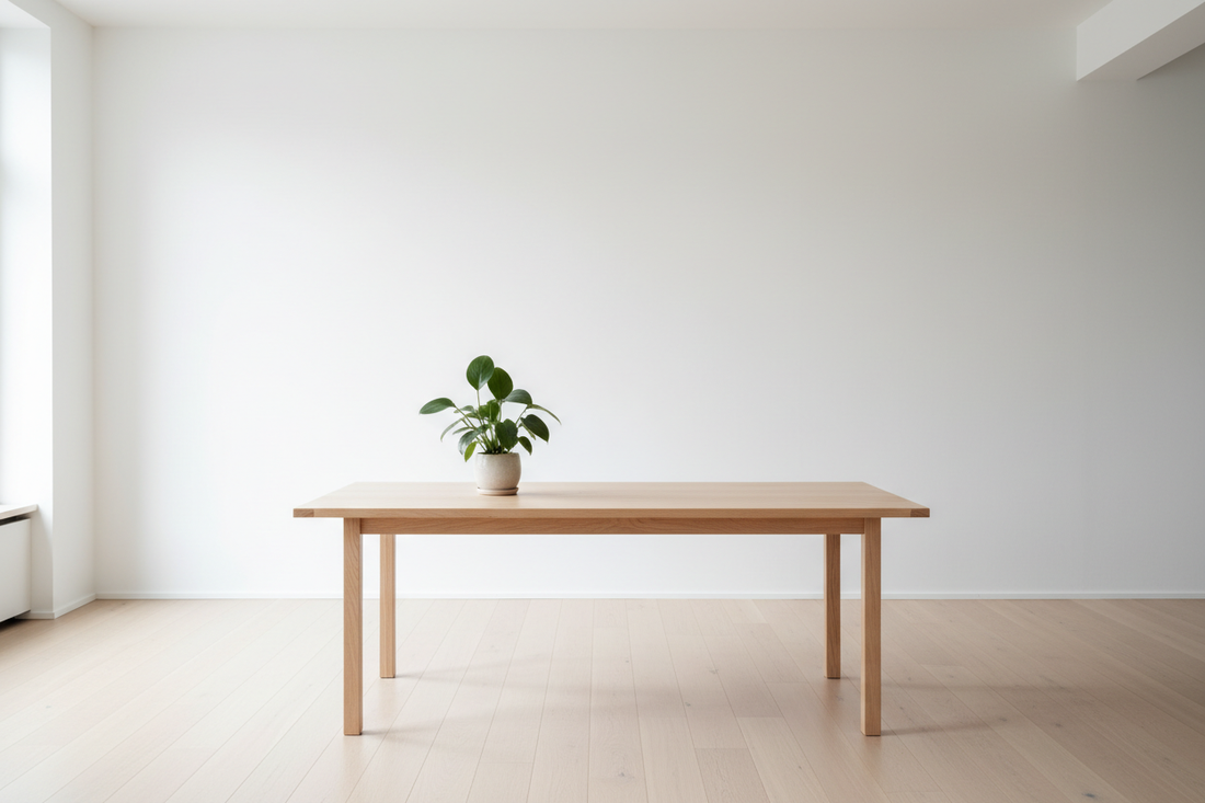 Recycled light pinewood dining table with natural grain in a minimalist white room with soft natural light