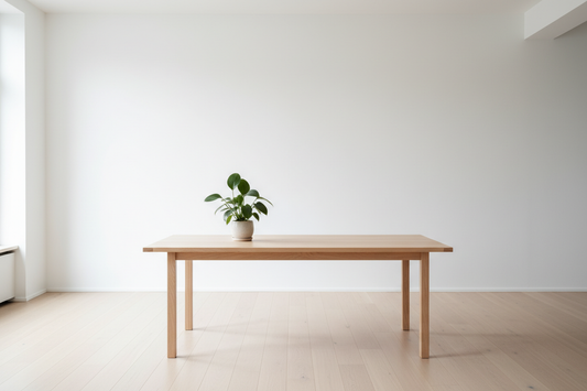 Recycled light pinewood dining table with natural grain in a minimalist white room with soft natural light