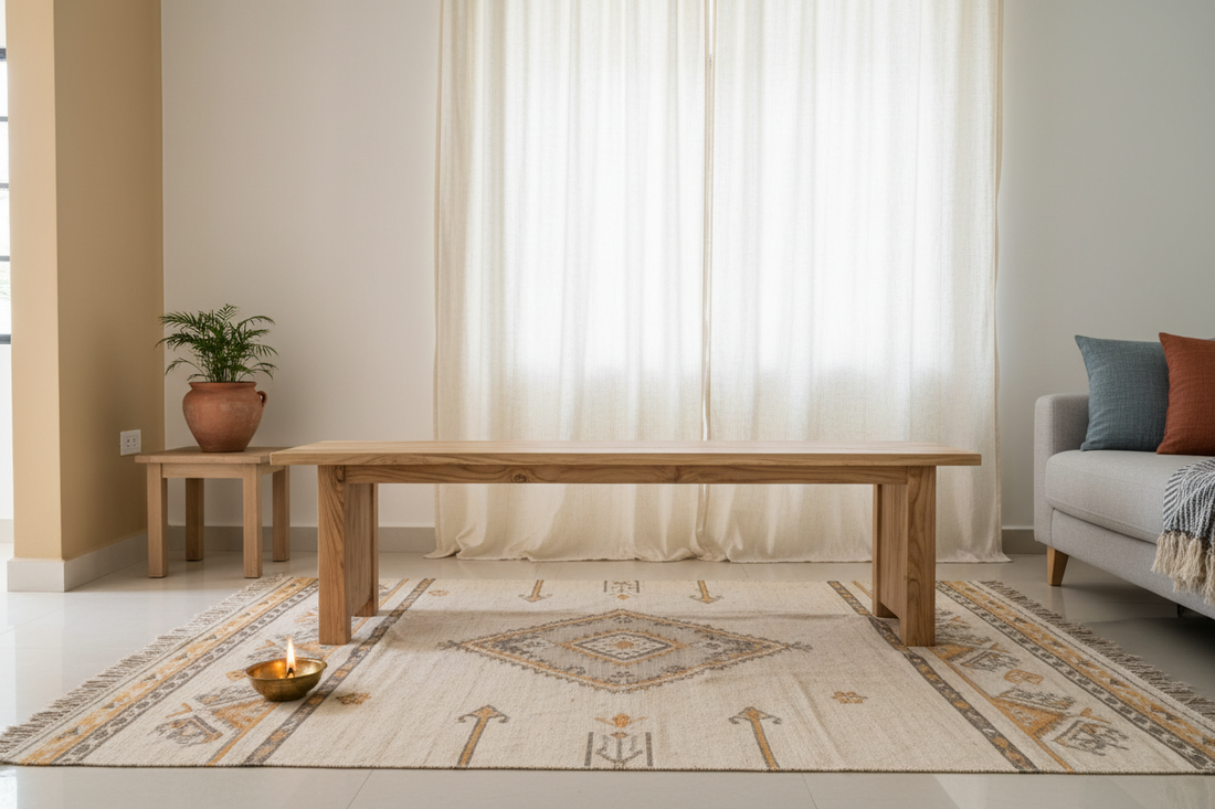Indo-Scandi living room with light pinewood furniture, handwoven dhurrie rug, brass diya and terracotta pot in soft natural light