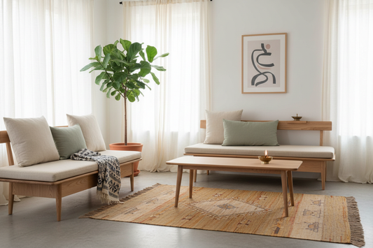 Scandinavian minimalist Indian living room with matte pinewood furniture, linen cushions, handwoven wool rug, block-printed throw, terracotta planter and brass diya in soft natural light