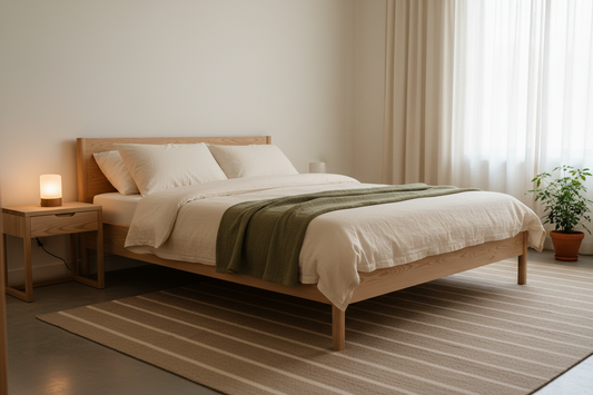 Minimalist Scandinavian pine wood bed with warm white linen and olive throw in a calm Delhi NCR bedroom