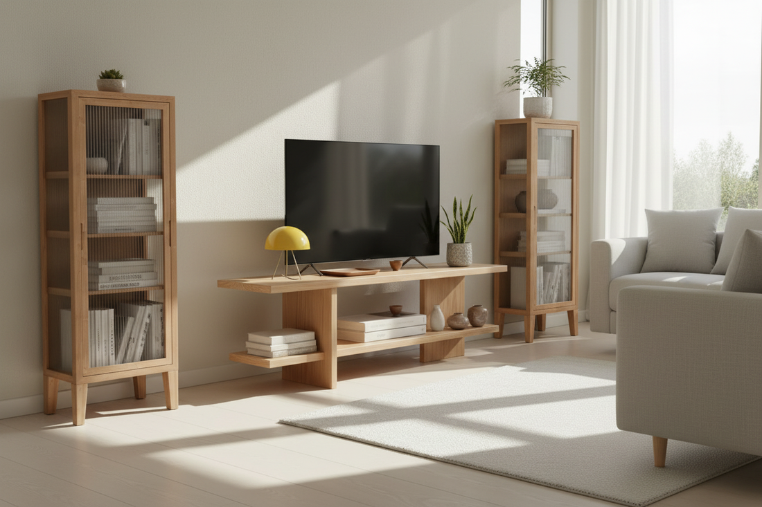 Side angle view of Nordic living room with fluted pinewood cabinets and console table with TV in abundant natural sunlight, styled with books and plants