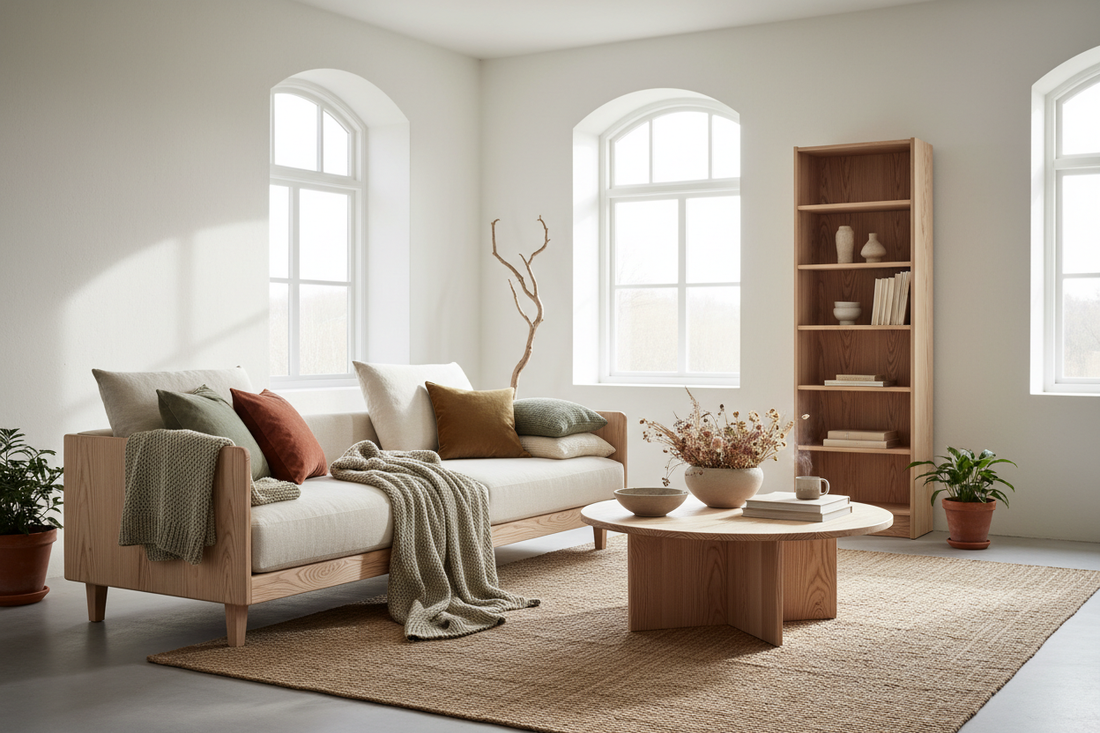 Peaceful slow living scene with handcrafted Nordic pinewood furniture in minimalist home interior