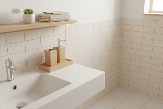 Light pinewood wooden tray and wall shelf organizing a small calm minimal bathroom with soap, towel and a small plant