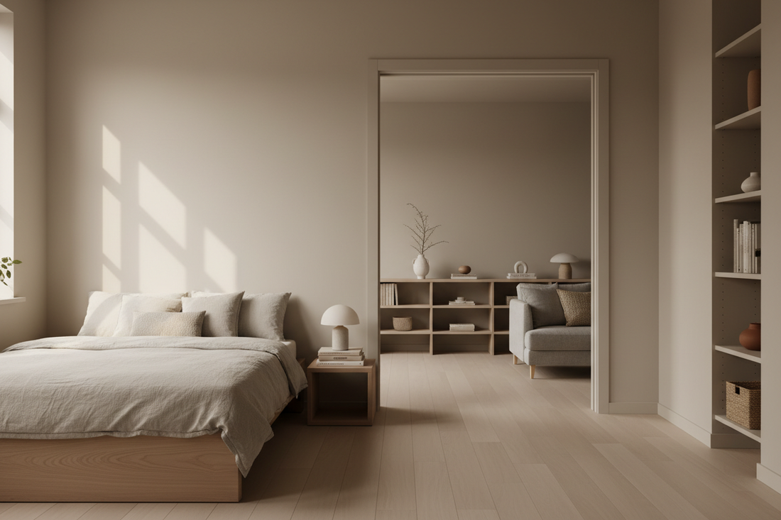 A calm small home interior with a light matte pinewood bedside table, a small lamp and books in a neatly organized bedroom with warm natural light
