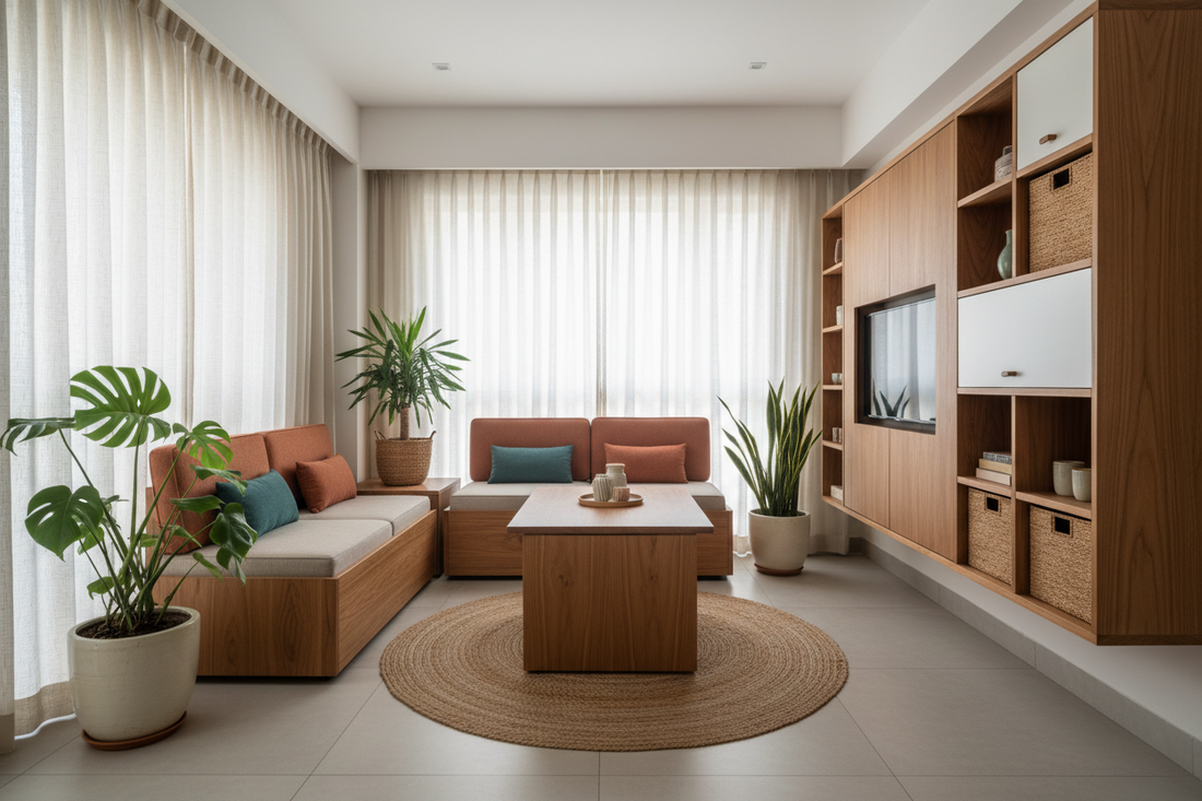 Modern Indian apartment with smart storage solutions featuring raw unpolished pinewood multifunctional furniture and Nordic-inspired compact design