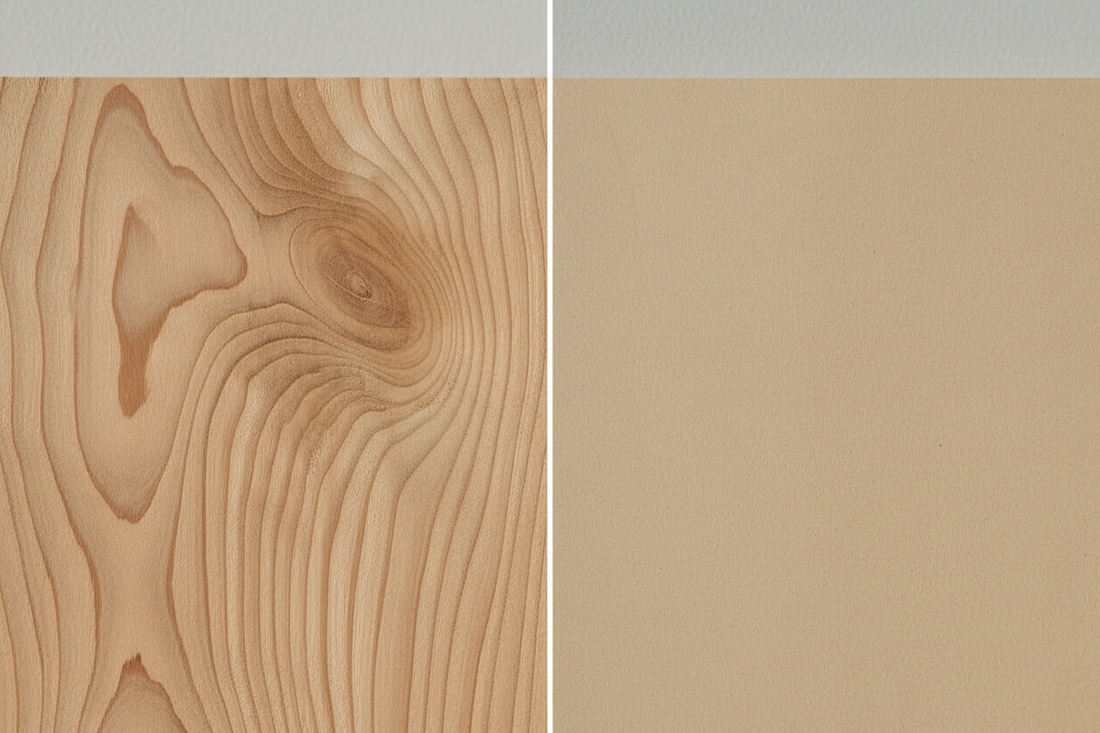 Close up comparison of natural light pinewood solid wood grain texture beside a smooth uniform MDF surface in soft natural daylight
