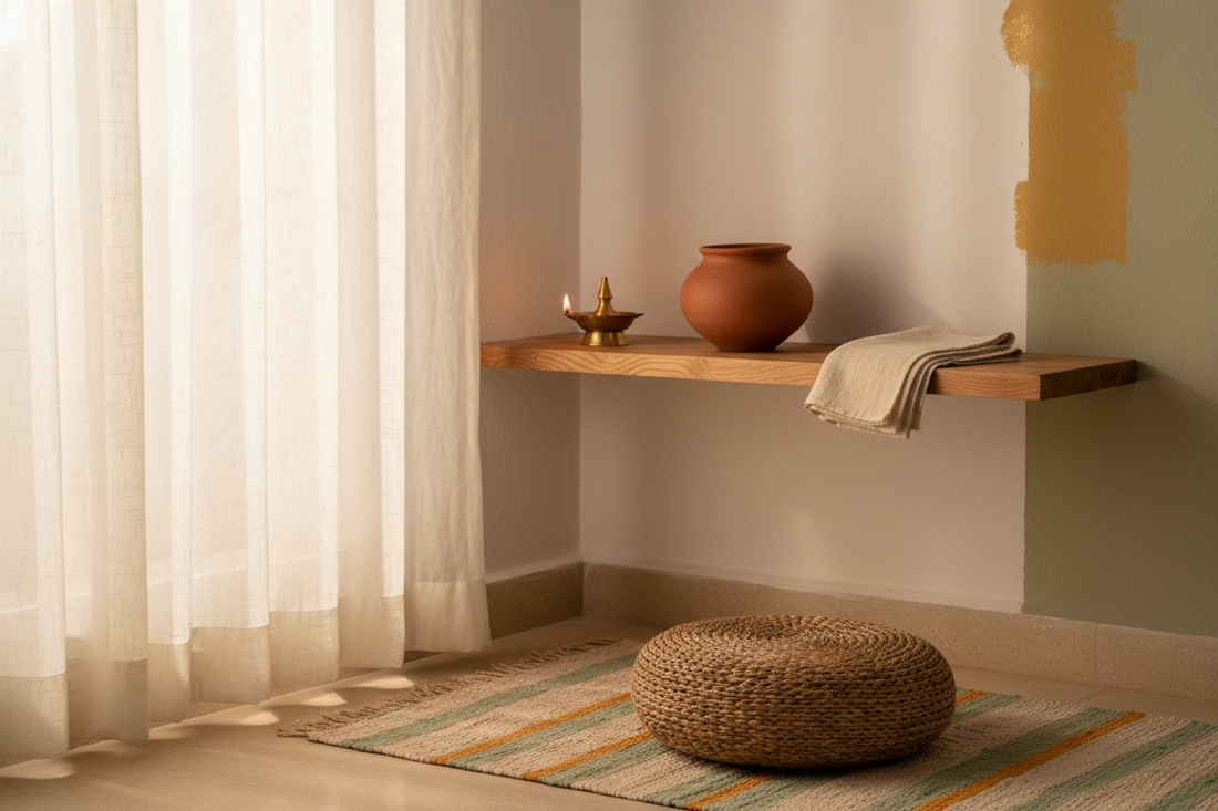 Soulful Indian home corner with light pinewood shelf, brass lamp, clay pot and khadi linen in warm morning light